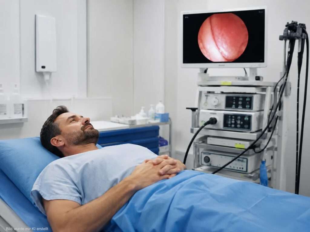 Patient liegt vorbereitet auf einer Untersuchungsliege neben Endoskopie-Gerät