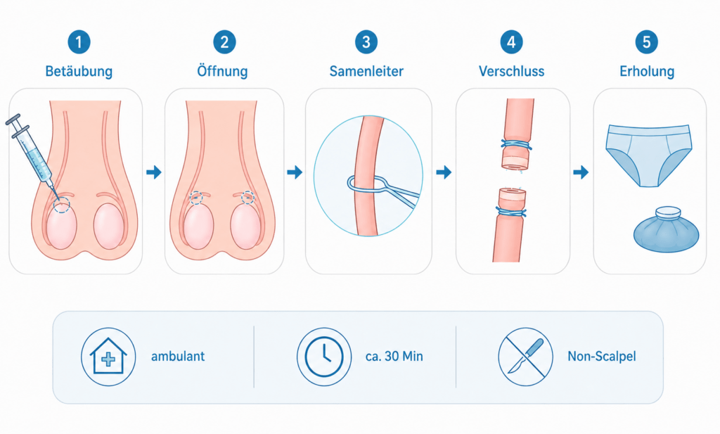 Schematischer Ablauf einer Vasektomie in der Urologie Bergmann in Esslingen