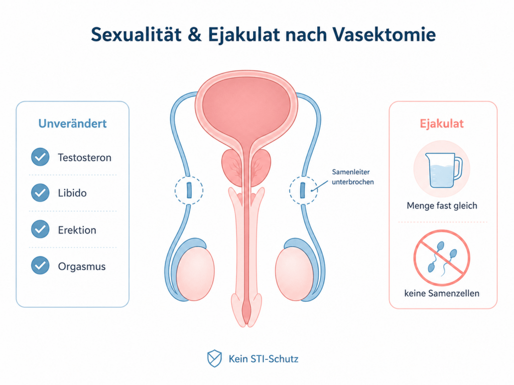 Schematische Darstellung der unterbrochenen Samenleiter nach einer Vasektomie und der Auswirkungen auf Sexualität und Ejakulat.